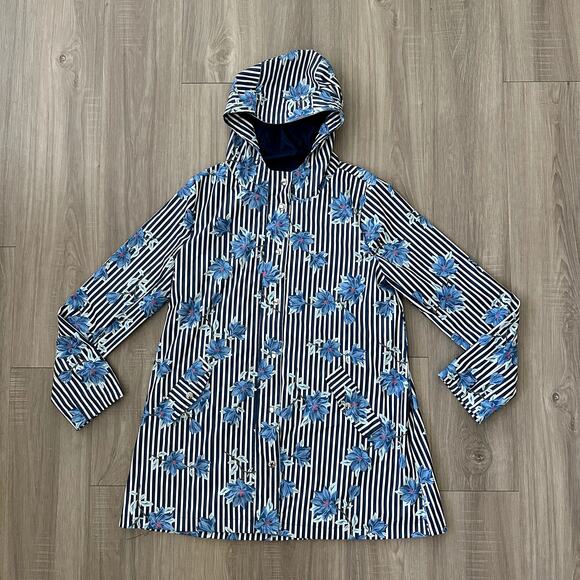 Draper James Raincoat Navy and White Stripes with Flowers Size S - Picture 1 of 7